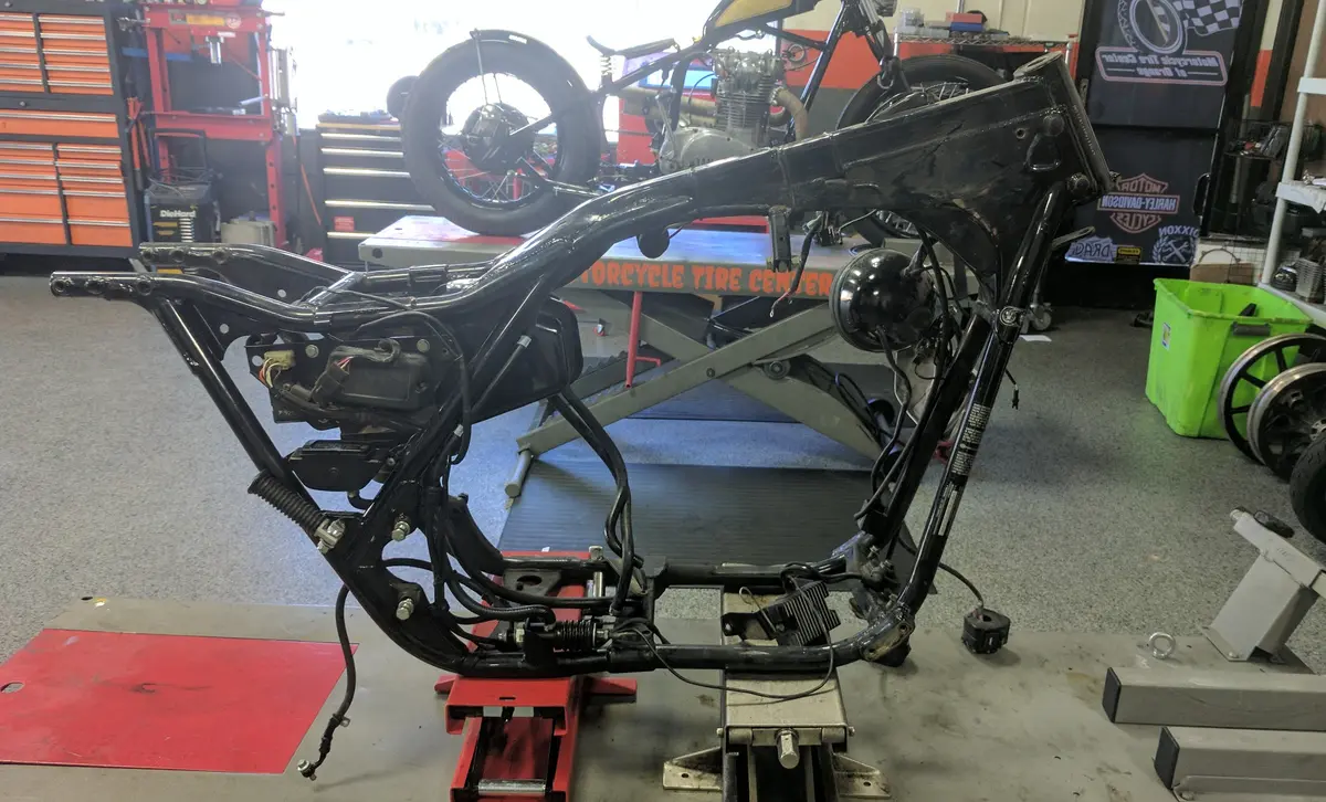 Motorcycle frame teardown and crash repair at Motorcycle Tire Center Orange CA